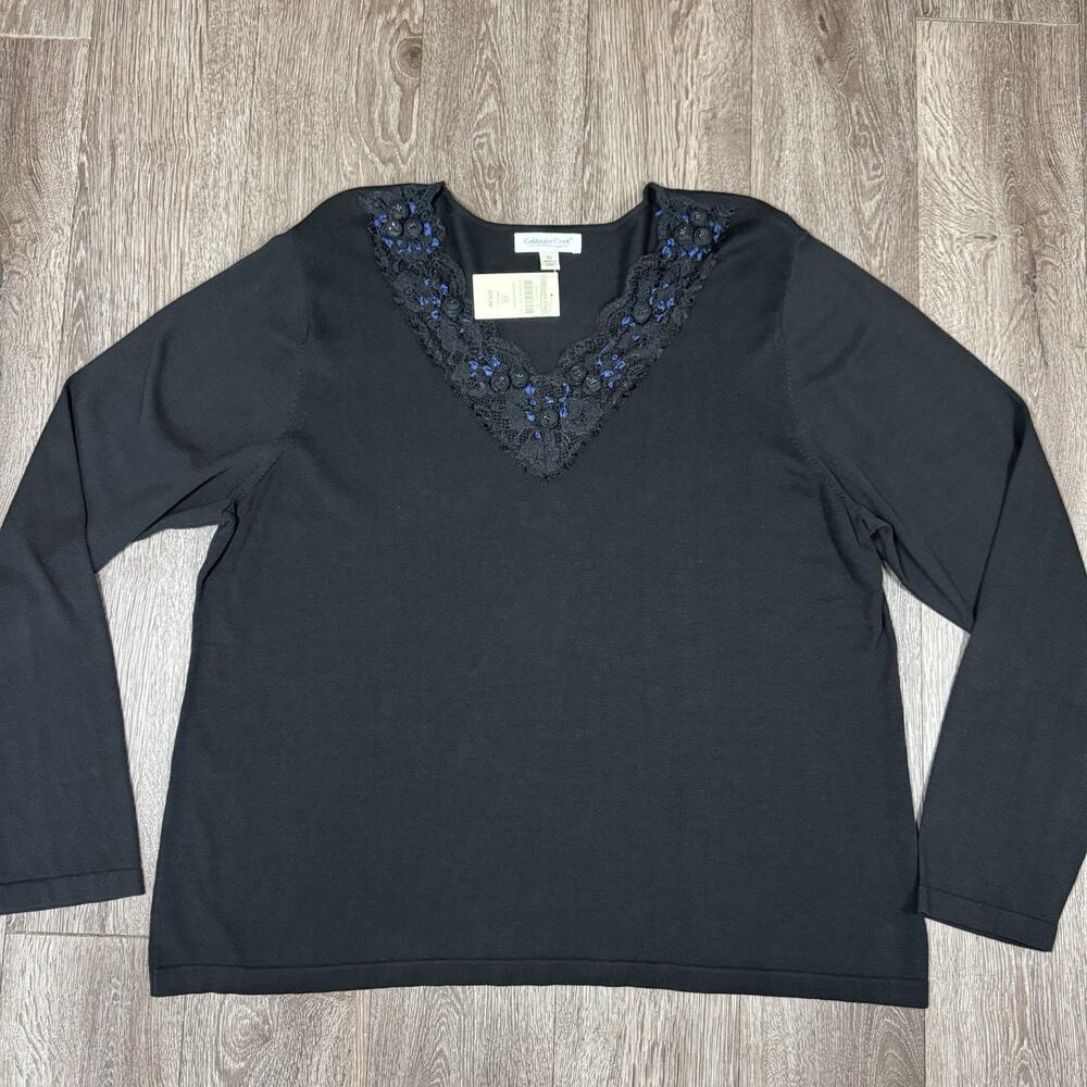 Sz 3X Coldwater Creek LACE FRONT ACCENT Blouse Top Long Sleeve V-Neck Black
